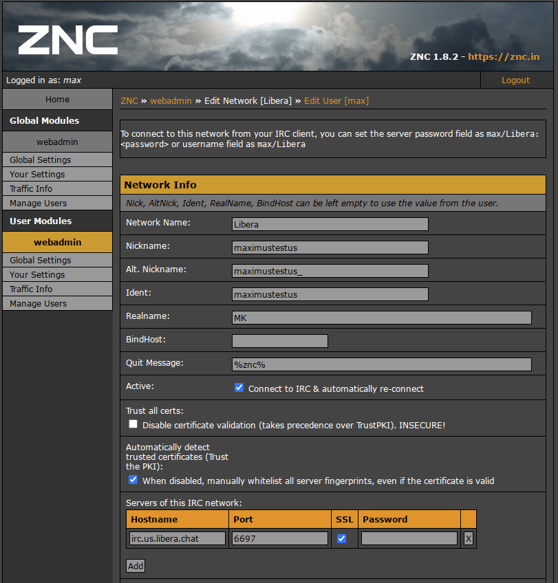 ZNC network Screenshot